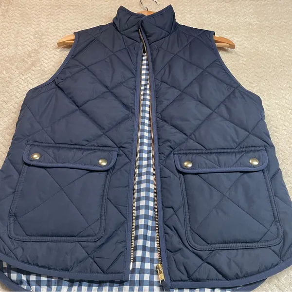 J.Crew Womens S Navy Blue Puffer Zip Up‎ Vest Gingham Print Snap Buttons Preppy - Image 9