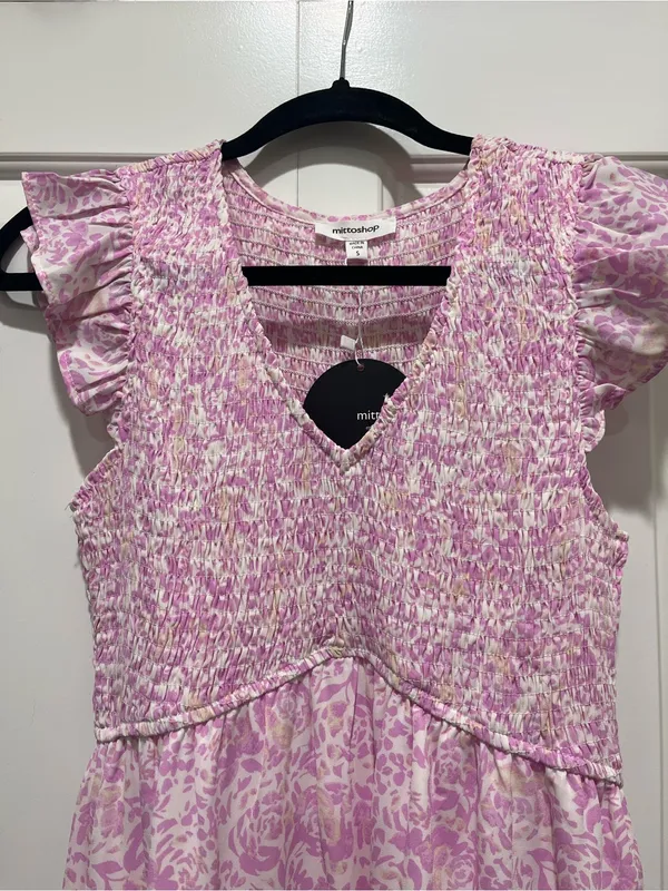mittoshop Pink Floral Smocked Tiered midi-Maxi Dress with Ruffle Sleeves - Image 3