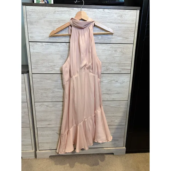One and Only Collective Pink Satin Halter Mini Dress Ruffle Hem Open Back Size L - Image 3