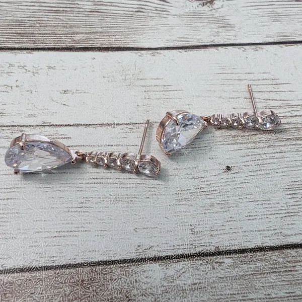 Dangle Earrings For Pierced Ears - Rose Gold Tone & Clear Gems - Image 4