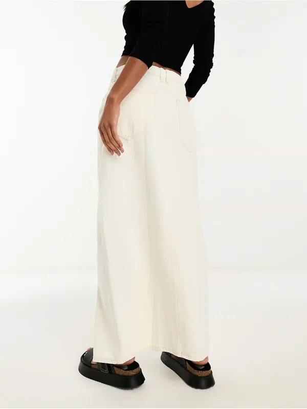 Mango front split denim maxi skirt in beige - Image 2