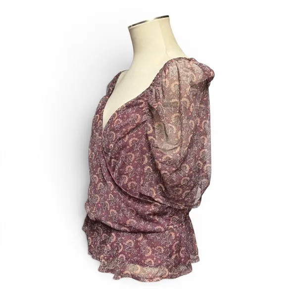 American Eagle Faux Wrap Cropped Blouse Top Sheer Purple Floral XL - Image 2