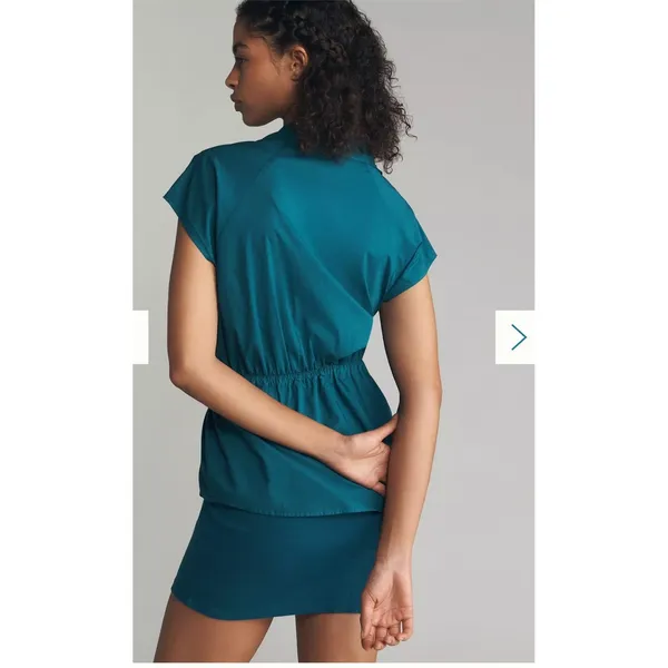 Sundry Anthropologie Cinched Waist‎ Mini Dress Teal Blue Cotton NWT Large Preppy - Image 4