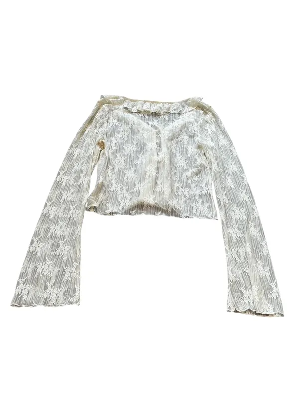 Cream Sheer Lace Tie Front Top Flare Sleeve Cottagecore Renfaire Fairycore - Image 3