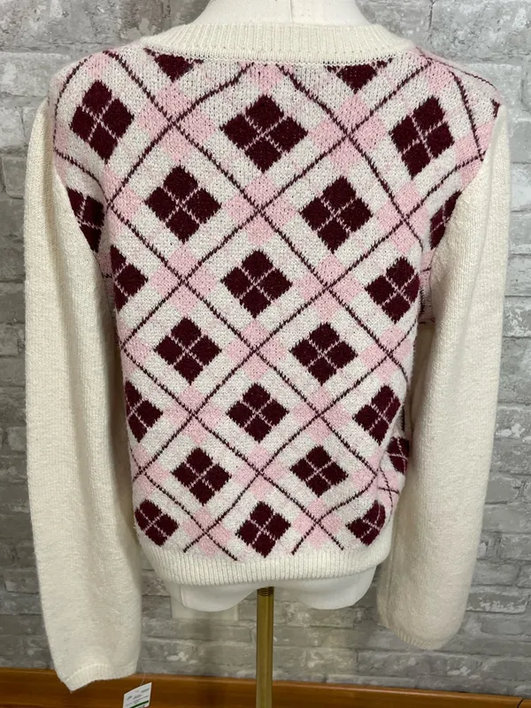 Dry Goods Major Label Cream V-Neck Sweater with Pink & Burgundy Argyle - Image 3