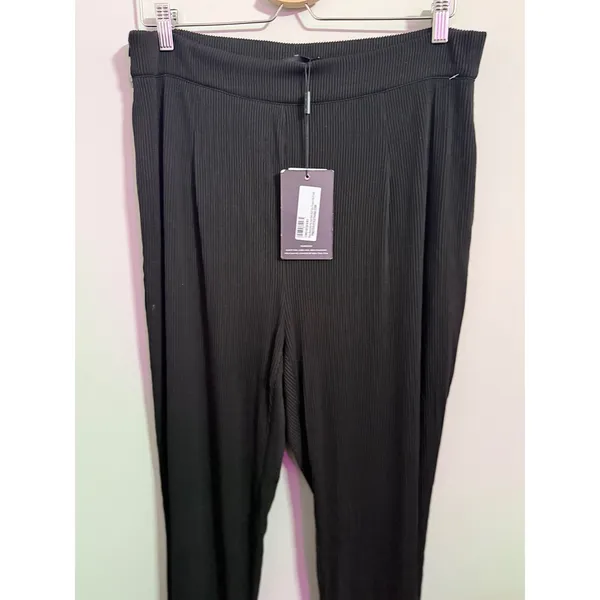 PRETTYLITTLETHING Black Ribbed Wide‎ Leg Palazzo Pants Elastic Waist Split Hem - Image 3