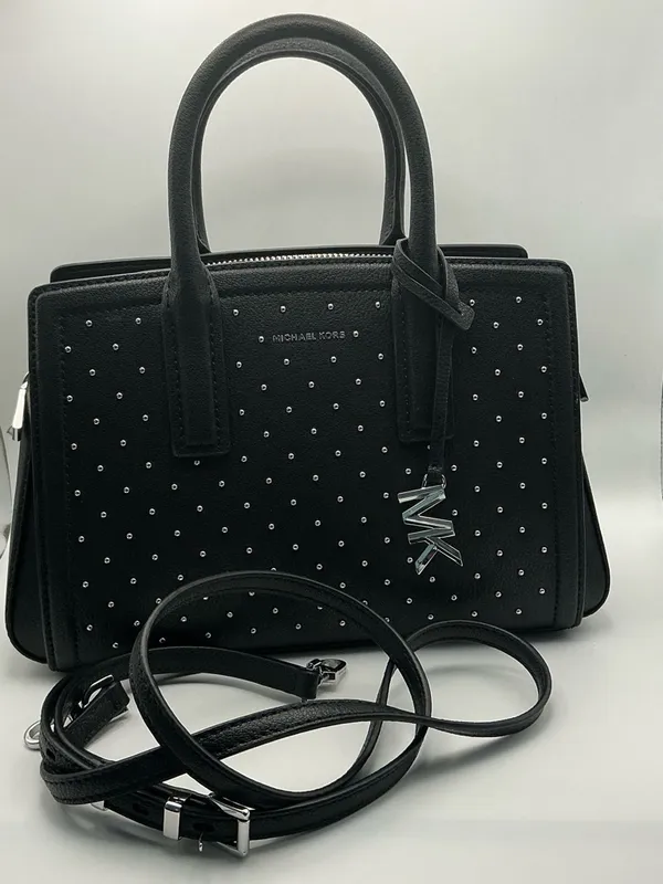 Michael Kors Tamaro Small Studded Satchel Black Silver Studs MK Charm - Image 11