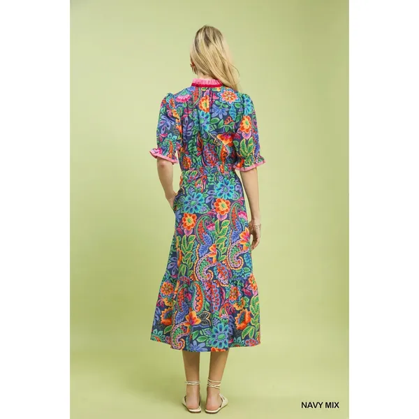 Umgee Mix‎ Floral Midi Dress with Ruffle Trim - Navy Mix - Small - Image 3