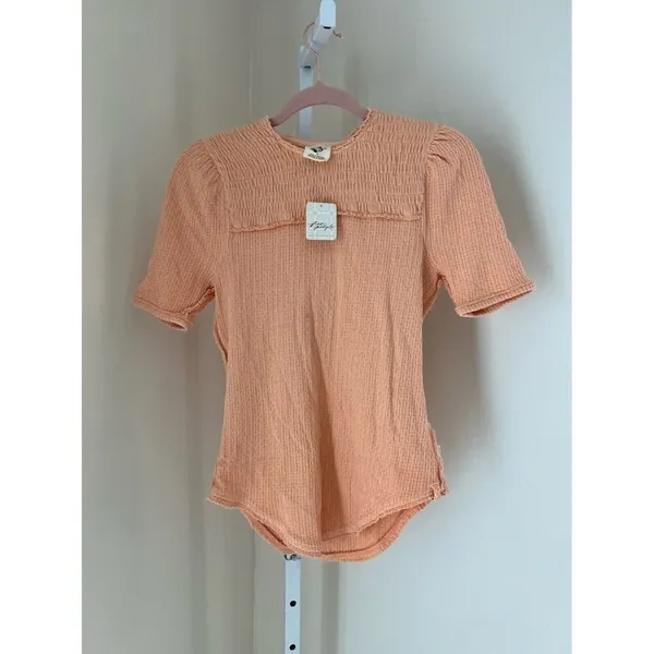 NWT Free People Womens Size Small Orange Knitted Seam T-shirt Peach Crew‎ Neck - Image 2