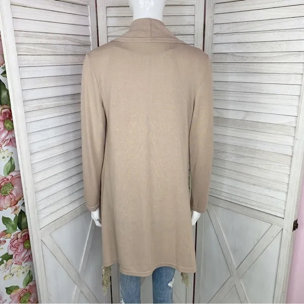 Boho‎ Fringe Hem Waterfall Cardigan Knit Khaki Tan Small Open Front Long Sleeve - Image 4