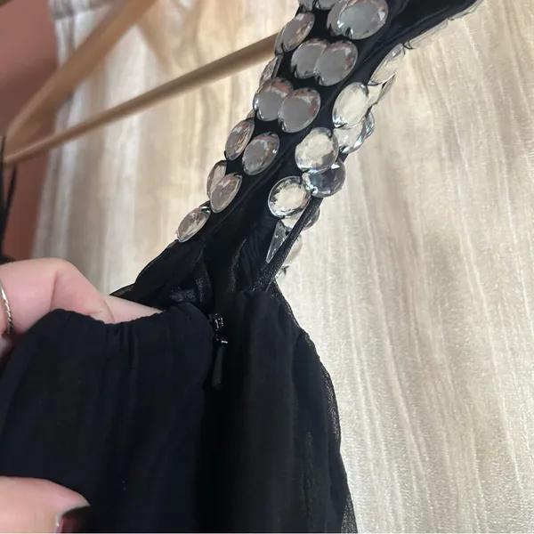 Vintage Scala Silk Black Mini Dress Beaded Gem One Shoulder Sleeveless Size 6‎ - Image 3