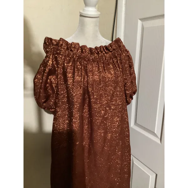 Sézane Editions Metallic Copper Off Shoulder Puff Sleeve Dress Rust Orange EU 38 - Image 3