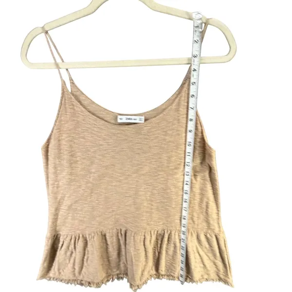 Zara Knit Peplum Camisole Top Women M Tan‎ Fringe Hem Spaghetti Strap Boho Chic - Image 6