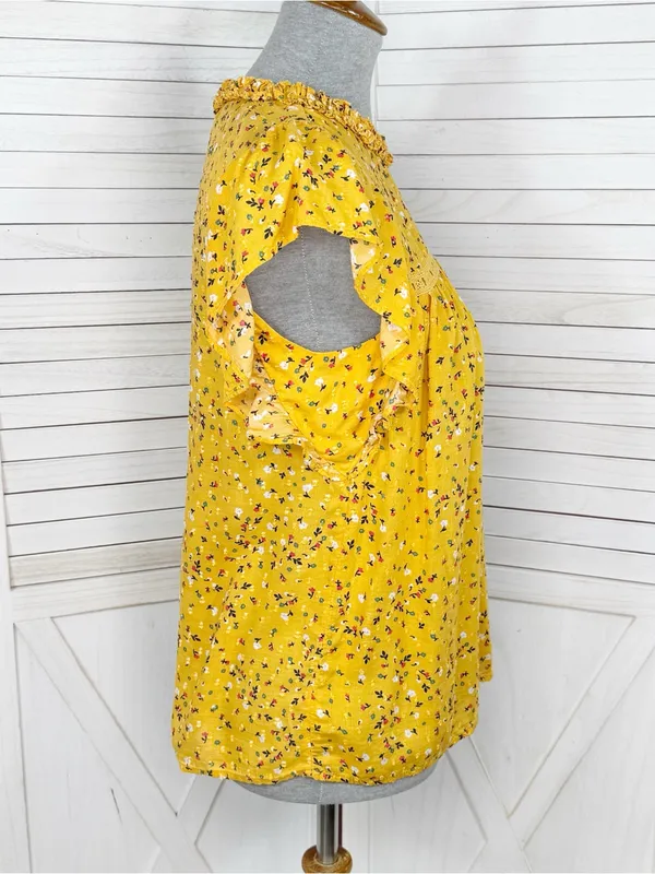 Loft Floral Flutter Sleeve Ruffle‎ Collar Blouse Top Yellow Small Cottageore - Image 3