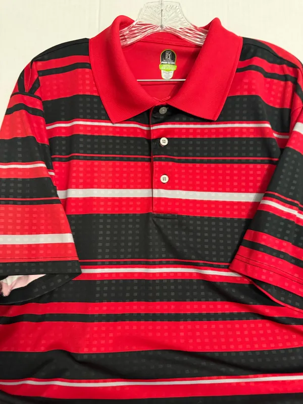 PGA Tour Pro Series Red, Black & White Striped Men's Polo - Image 3