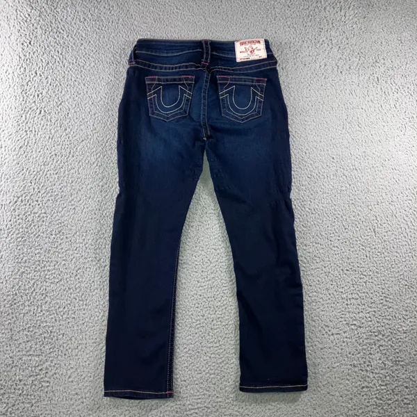 True Religion Low Rise Capri Jeans Womens 25x23.5 Blue Y2K Pink Stitch Logo Flaw - Image 3