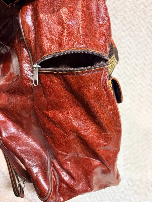 Vintage Vrai Cuir Leather‎ Tapestry Backpack - Boho Moroccan Handcrafted Bag - Image 6