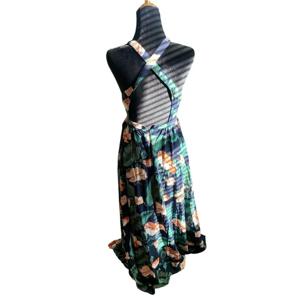 Lulu's Navy Tropical Floral Maxi Dress Crisscross Back Wedding Garden Party M - Image 4