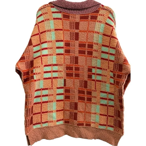 Free People Ruben Oversized Textured Plaid Collared Sweater‎ Boho Pullover M - Image 9
