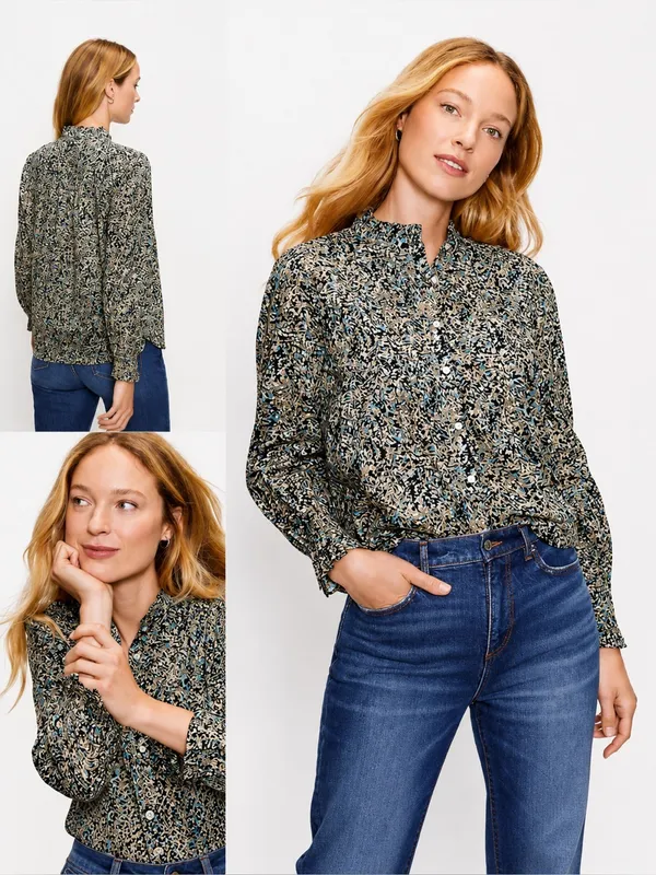 LOFT Pintucked Ruffle Mock Neck Floral Blouse Medium Black Green Cotton Boho Top - Image 2