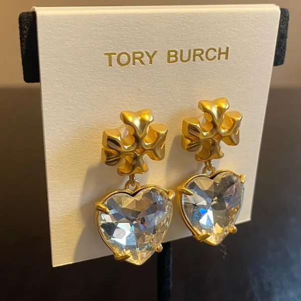 Tory Burch Kira Crystal faceted heart drops hanging from TB logo studs - Image 3