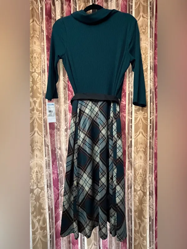 NWT Robbie Bee Teal Plaid Cowl Neck Belted Sweater Dress L - Image 2