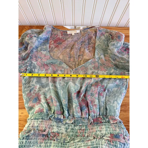LoveShackFancy Floral Smocked Midi Dress Blue Pink Ruffle Size M - Image 7