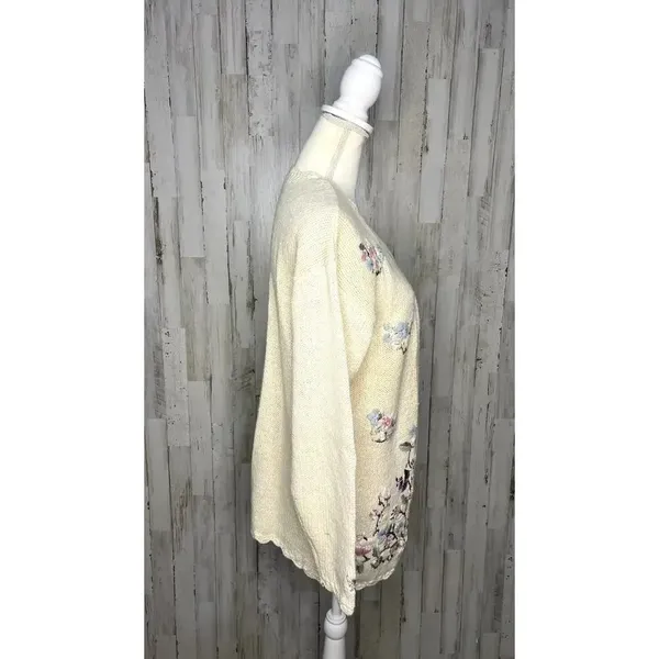 Vintage 80s Crystal Kobe Floral Embroidered‎ Knit Cardigan Beige Women's Medium - Image 3