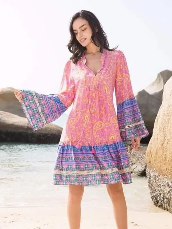 Coco + Carmen Boho Paisley Tunic Dress Pink Blue Tassel Tie Size L/XL Hippie - Image 4