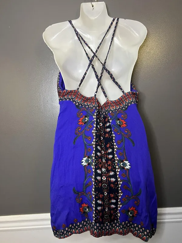Ecote Dress Womens Large Blue Floral Criss Cross Back Slip Sundress Strappy Boho - Image 5