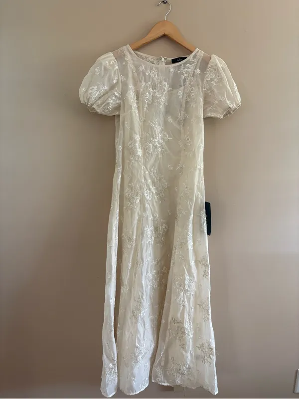 Lulus Elfrieda Cream Floral Embroidered Puff Sleeve Midi Dress Size Small Bridal - Image 5