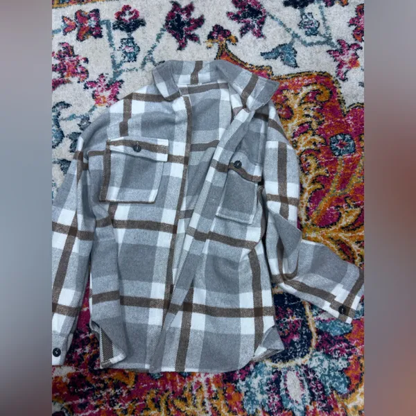 Plaid flannel shacket button down Tan - Image 2