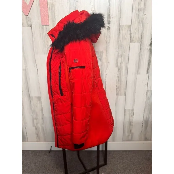 Michael Kors Women Red Puffer Coat Faux Fur Hood Winter Jacket Size - Image 5