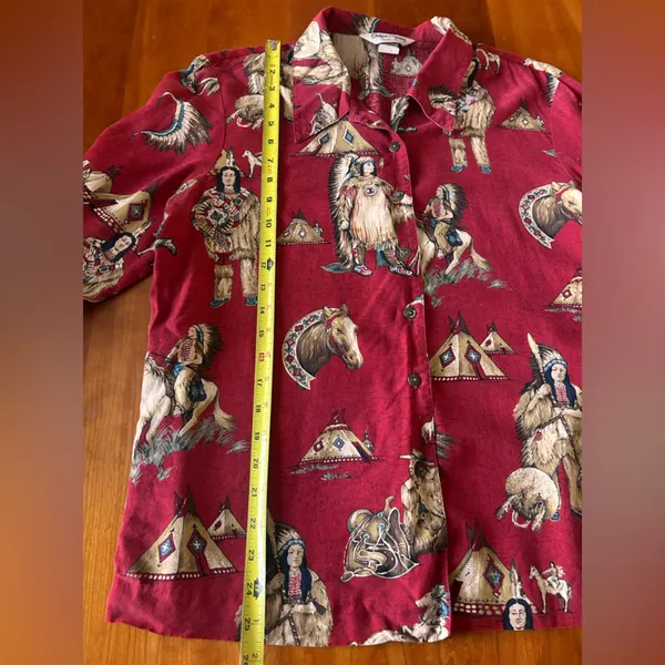Vtg Sharon Young Western Shirt Size 10 Red Cowboy and Native American Indians - Image 9