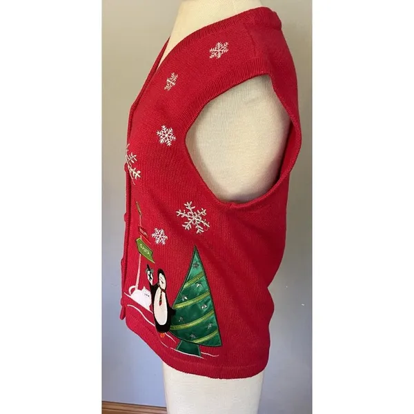 VTG Christmas Sweater Vest Bechamel Sz Small Red Penguins Snowflakes Embroidered - Image 5
