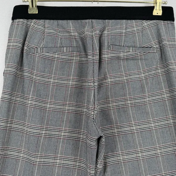 Zara Plaid Trousers Women L Gray Black Burgundy Straight Leg Elastic Waist Zara - Image 4