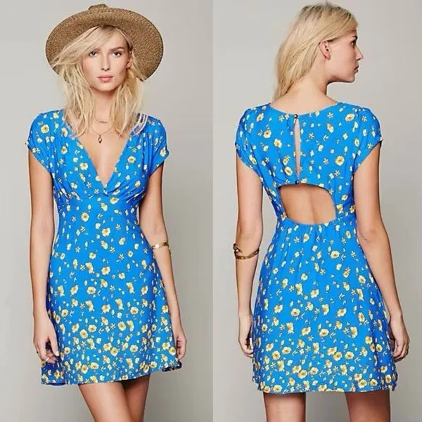 ✨FREE PEOPLE Y2K Blue Yellow Floral Mini Sz 12 Dress✨ - Image 2