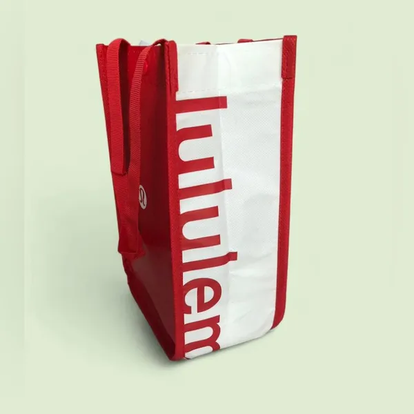 Lululemon Small Reusable Shopping Tote Bag Snap Button Red and White 9" x 11.5” - Image 4