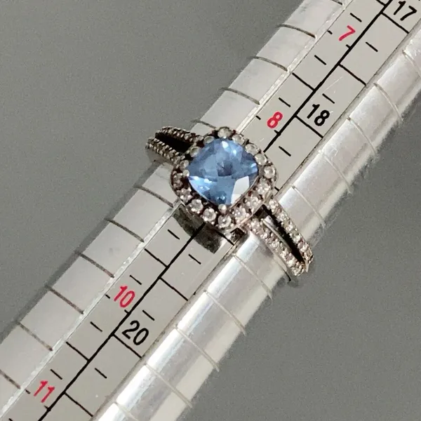 925 Sterling Silver Simulated London Blue Topaz Engagement Ring Signed AC TM - Image 3