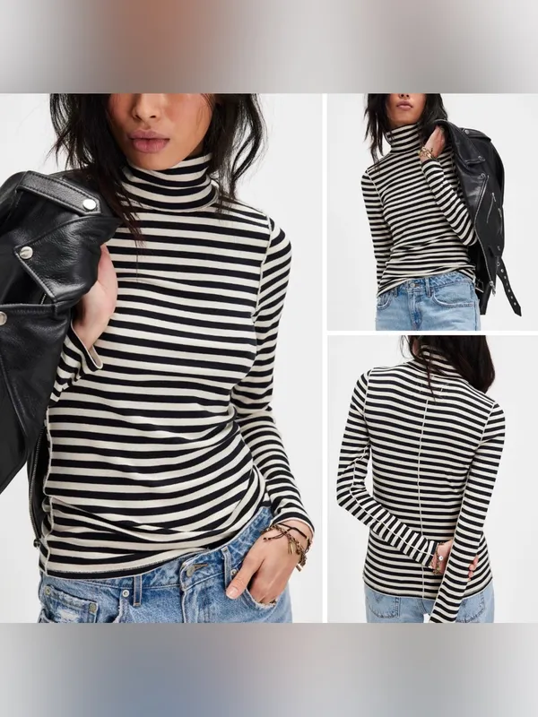 NWOT Free People We The Free Good Good Stripe Turtleneck- black ivory combo - XS - Image 2