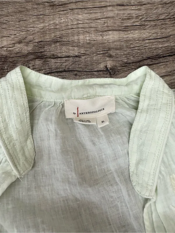 By Anthropologie Long-Sleeve Embroidered‎ Linen Tie-Front Top Blouse mint green - Image 6