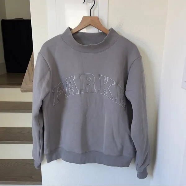 PARKE Monochrome Varsity Mockneck Sweatshirt in Stone Gray New - Image 4