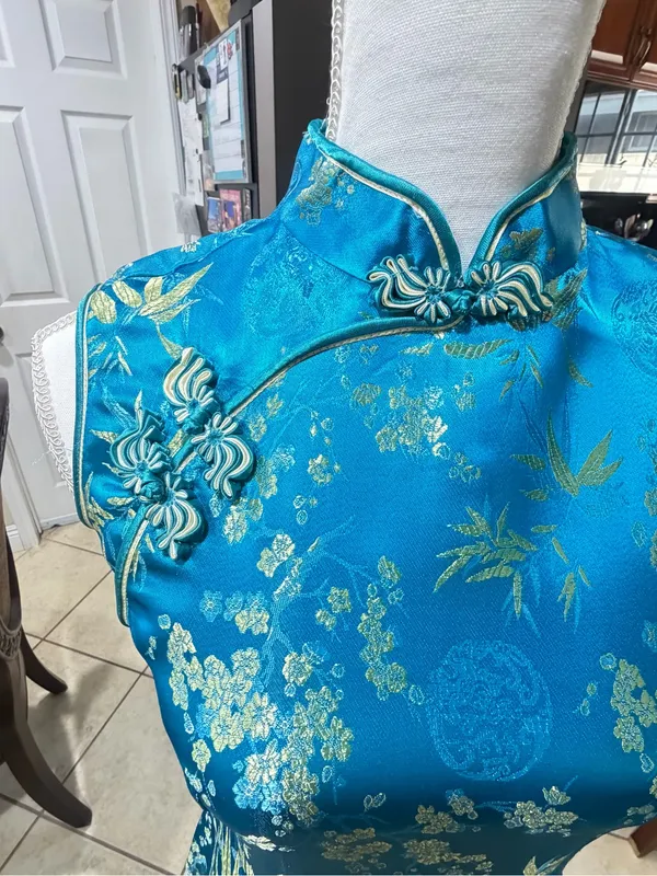 Women's Blue Satin Look Cheong-sam Qipao Dress Size S Polyester - Image 3