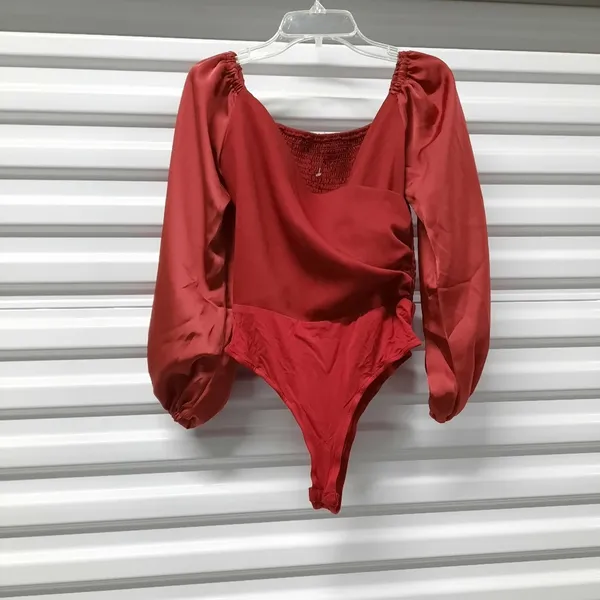 Womens Satiny Wrap Bodysuit Top Sz XS Red Puff Sleeve Smocked Romantic Holiday - Image 3
