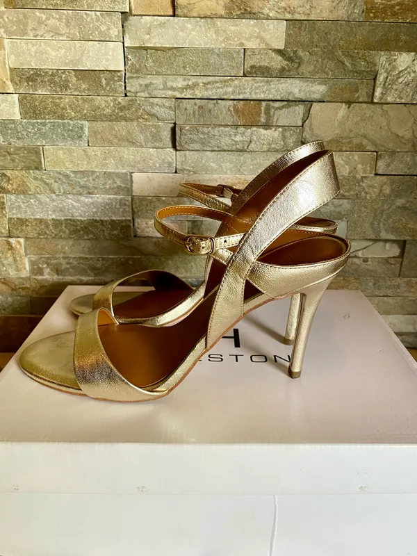 H by Halston Metallic Gold Leather Ankle Strap Sandals - Image 5