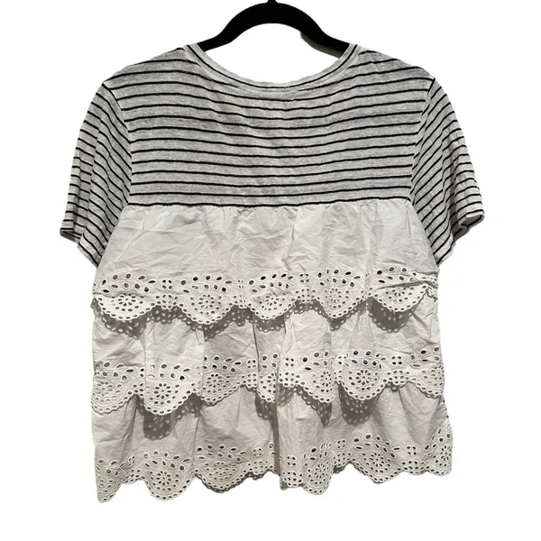Joie Linen Eyelet Nautical Striped Cottage Scalloped Tiered Short Sleeve Top S - Image 6