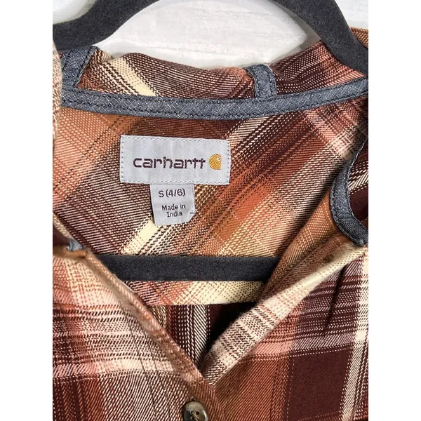 Carhartt Hooded Flannel Plaid Shirt Women's Small Orange Brown Cotton - Image 3