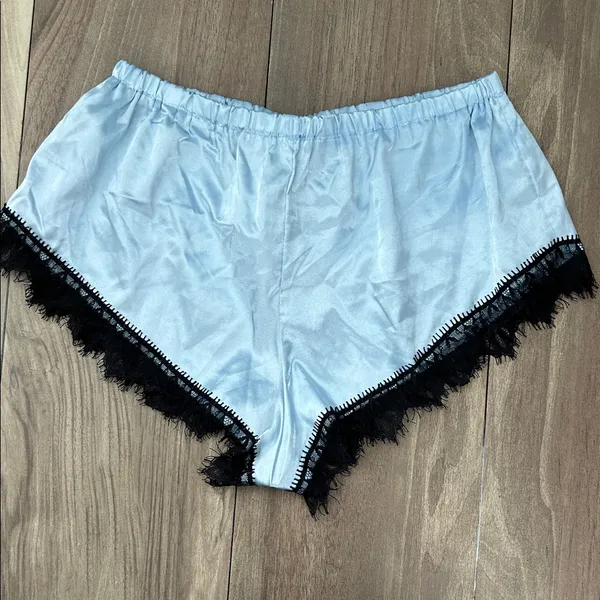 SheIn Baby Blue Satin & Lace Trim Sleep Shorts - Image 3