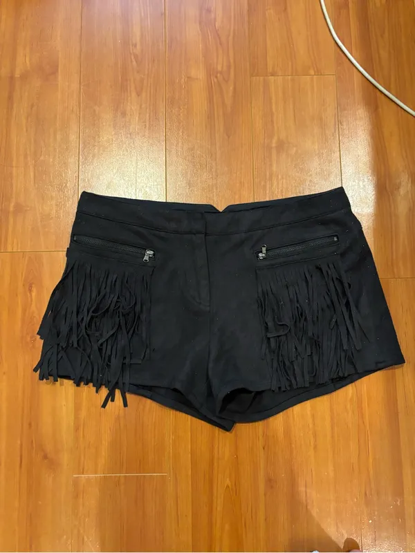FATE faux suede Black Fringe Zip Pocket Women's Shorts - Image 2
