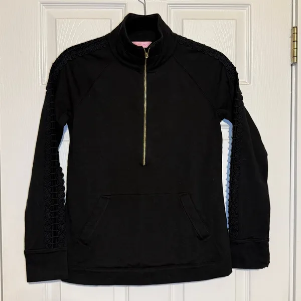 LILLY PULITZER | Skipper Popover Pullover 1/2 Zip Sweater Black Gold‎ Crochet XS - Image 2